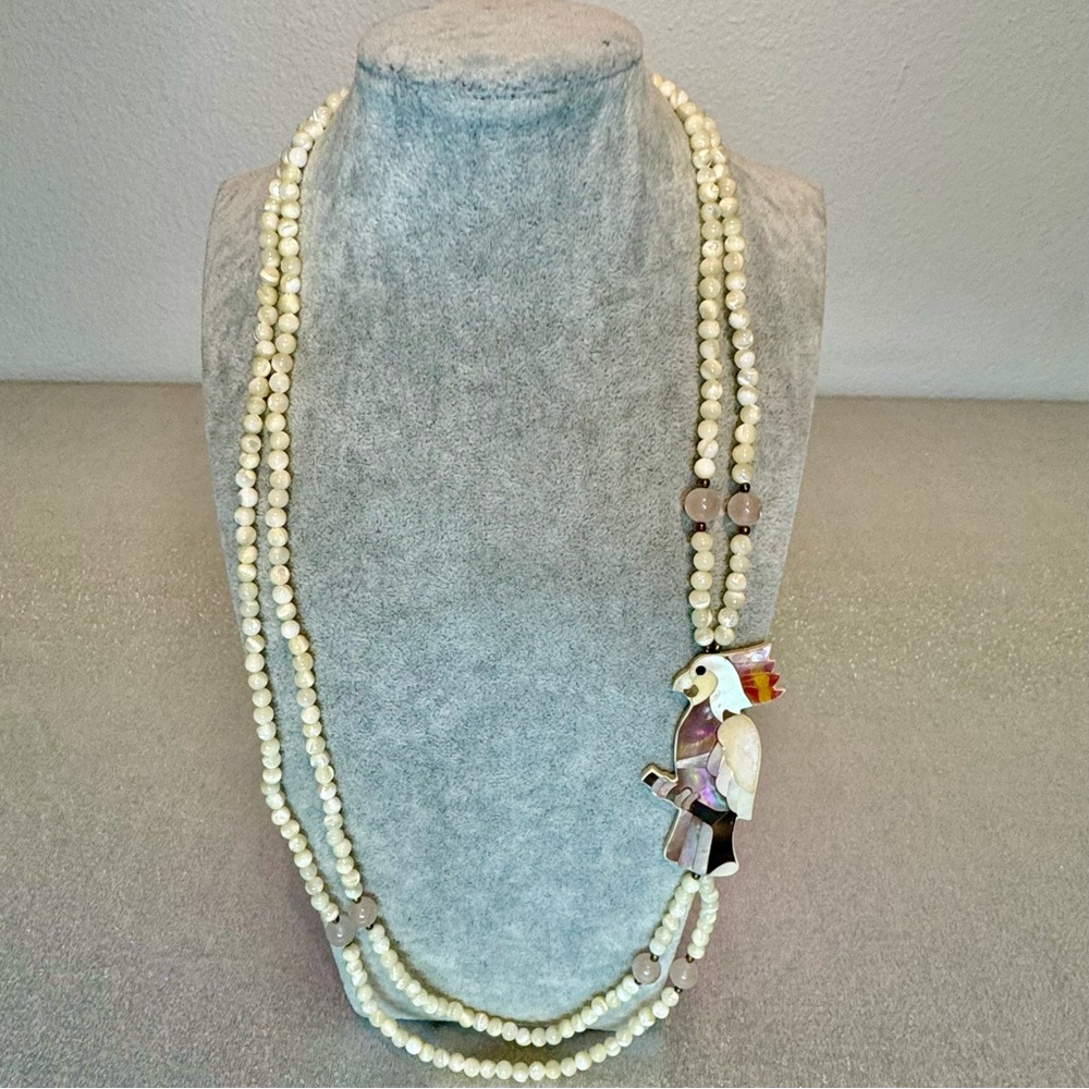 Vintage Cockatiel Mother Of Pearl & Rose Quartz Beaded Necklace 26” & Choker - Picture 6 of 7